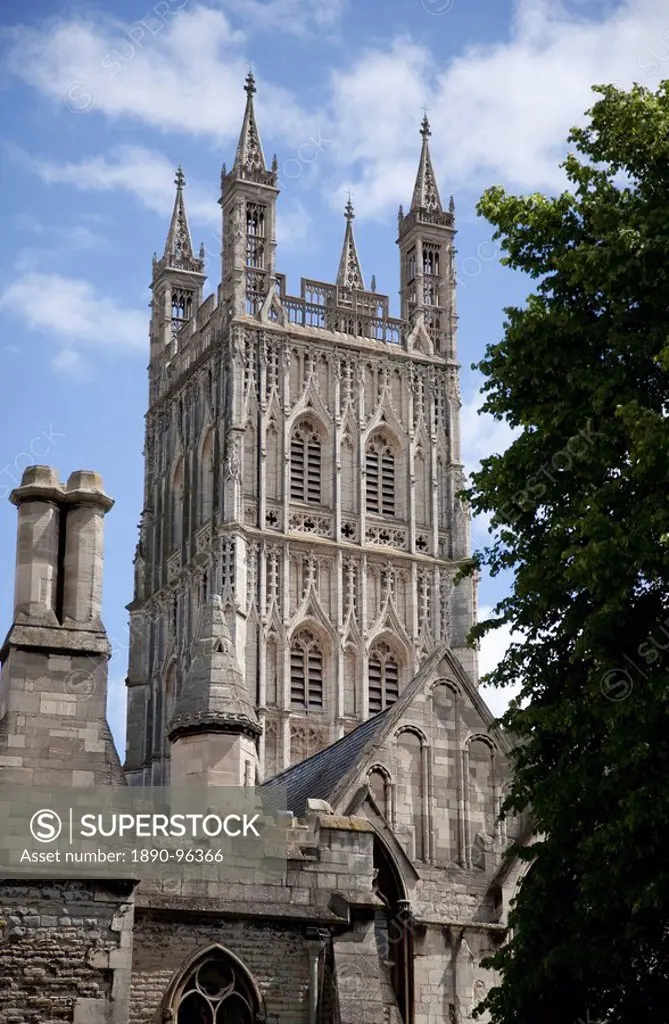 Cathedral tower from the northwest, Gloucester, Gloucestershire, England, United Kingdom, Europe
