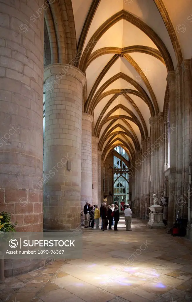 Interior of south nave aisle of Gloucester Cathedral, looking east, Gloucester, Gloucestershire, England, United Kingdom, Europe