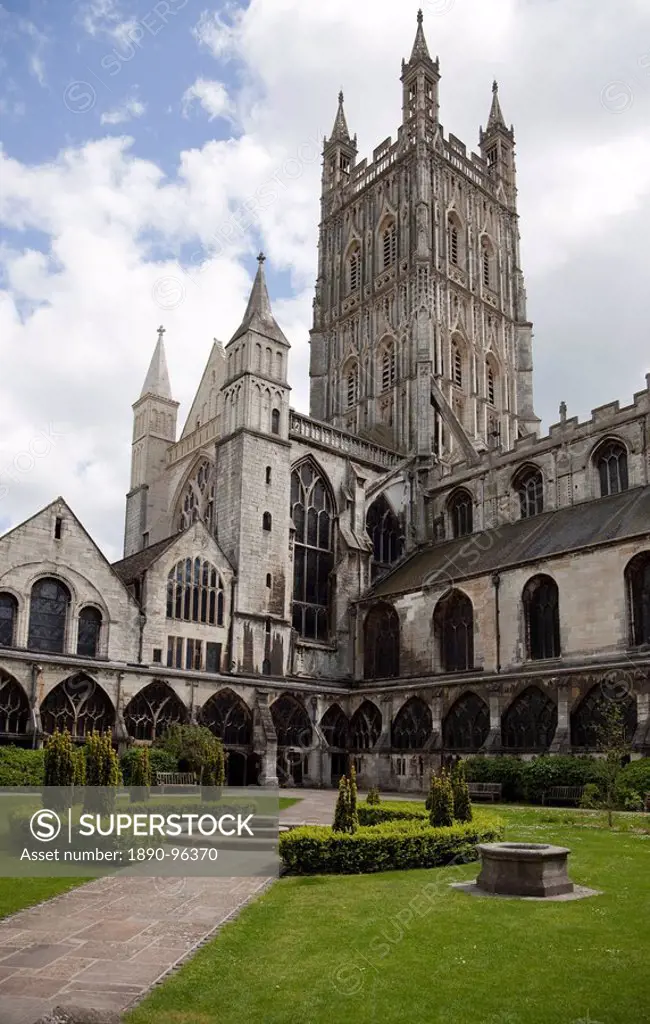 Tower and cloisters of Gloucester Cathedral, Gloucester, Gloucestershire, England, United Kingdom, Europe