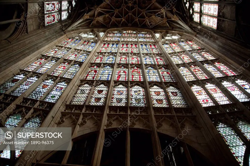 Great East Window looking up, Gloucester Cathedral, Gloucester, Gloucestershire, England, United Kingdom, Europe