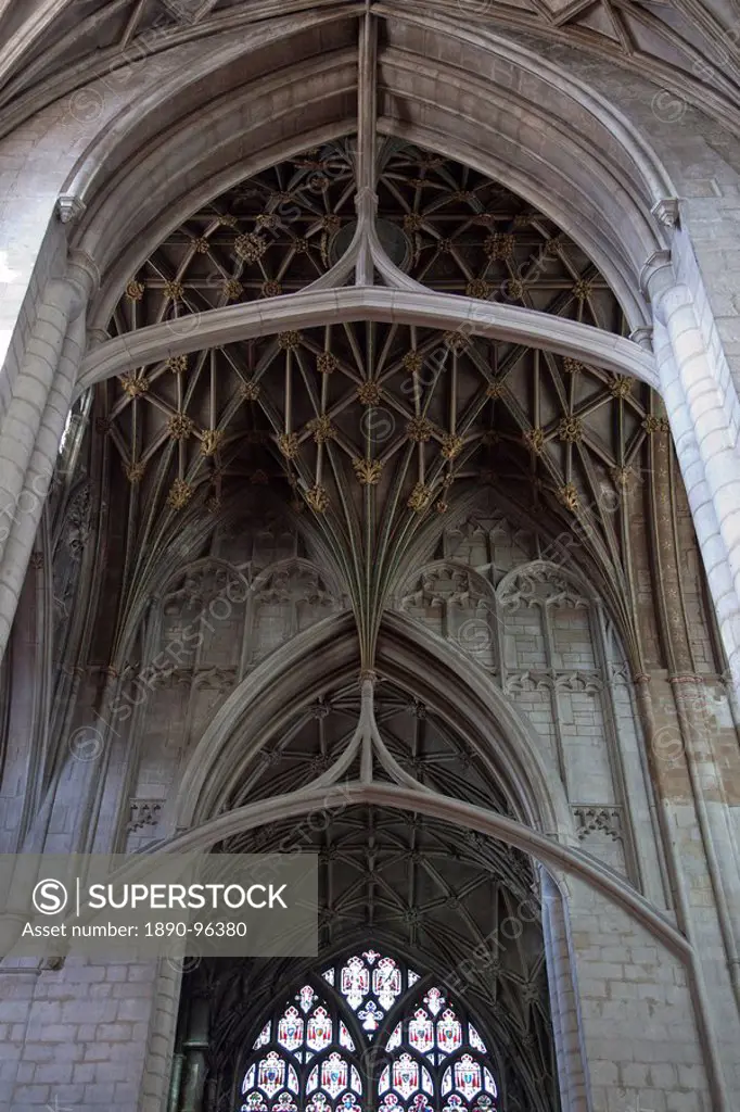 Vaulting in the crossing roof with strainer arches, Gloucester Cathedral, Gloucester, Gloucestershire, England, United Kingdom, Europe
