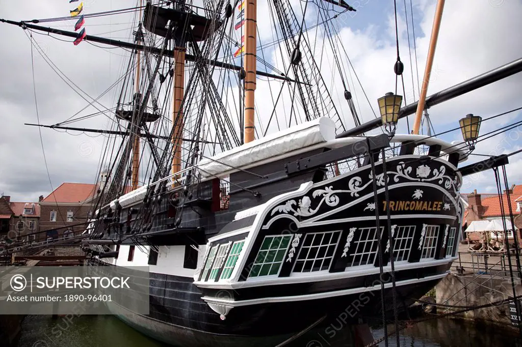 Stern view of HMS Trincomalee, British Frigate of 1817, at Hartlepool´s Maritime Experience, Hartlepool, Cleveland, England, United Kingdom, Europe
