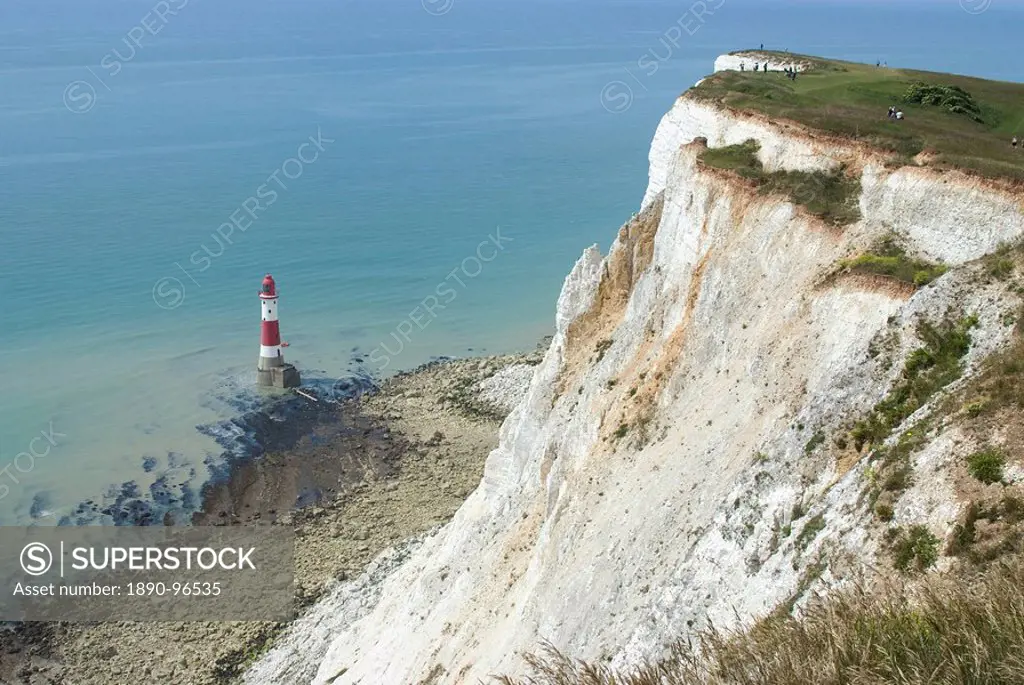 White chalk cliff and lighthouse, Beachy Head, Sussex, England, United Kingdom, Europe