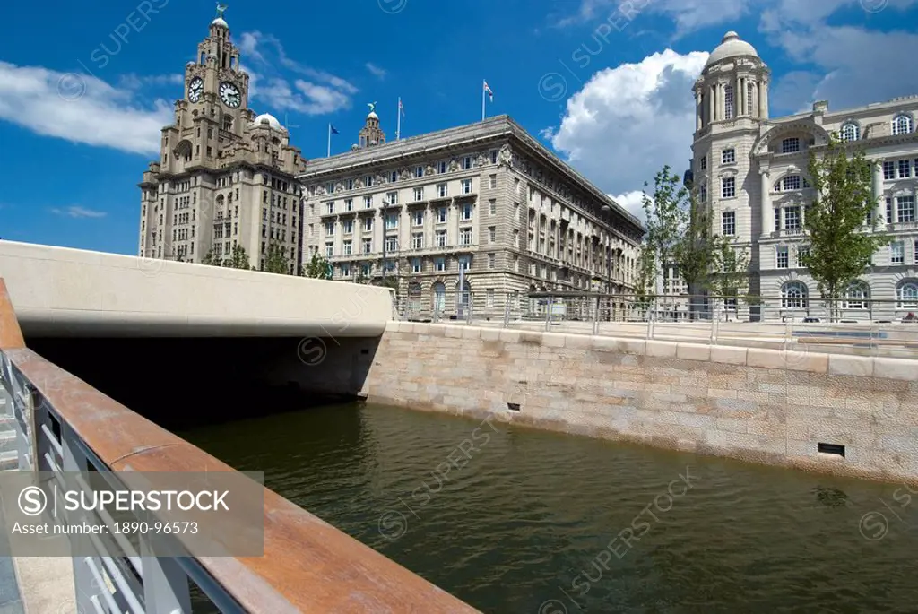 The new link between the Leeds and Liverpool canals, in front of the Three Graces, Liverpool, Merseyside, England, United Kingdom, Europe