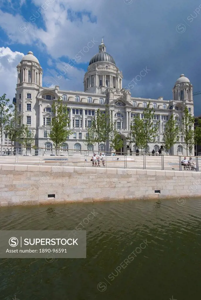 The Port of Liverpool Building, one of the Three Graces, as seen from the new Leeds Liverpool Canal link, Liverpool, Merseyside, England, United Kingd...
