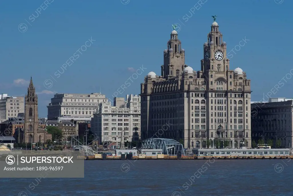 View of the Liverpool skyline and the Liver Building, from the Mersey ferry, Liverpool, Merseyside, England, United Kingdom, Europe