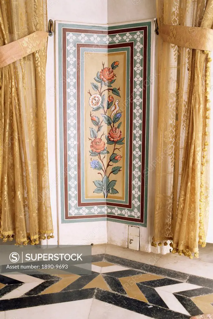 Detail of marble inlaid floors and painted walls, Sirohi Palace, Sirohi, Southern Rajasthan state, India, Asia