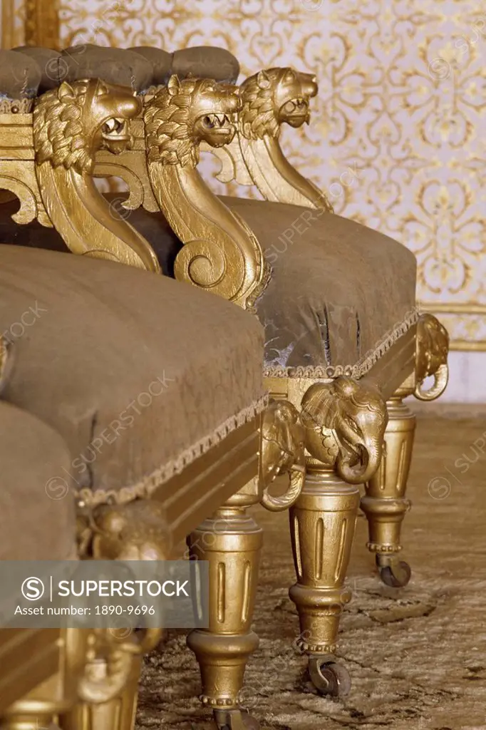 Detail of gilt chairs in the Durbar Hall, Sirohi Palace, Sirohi, Southern Rajasthan state, India, Asia