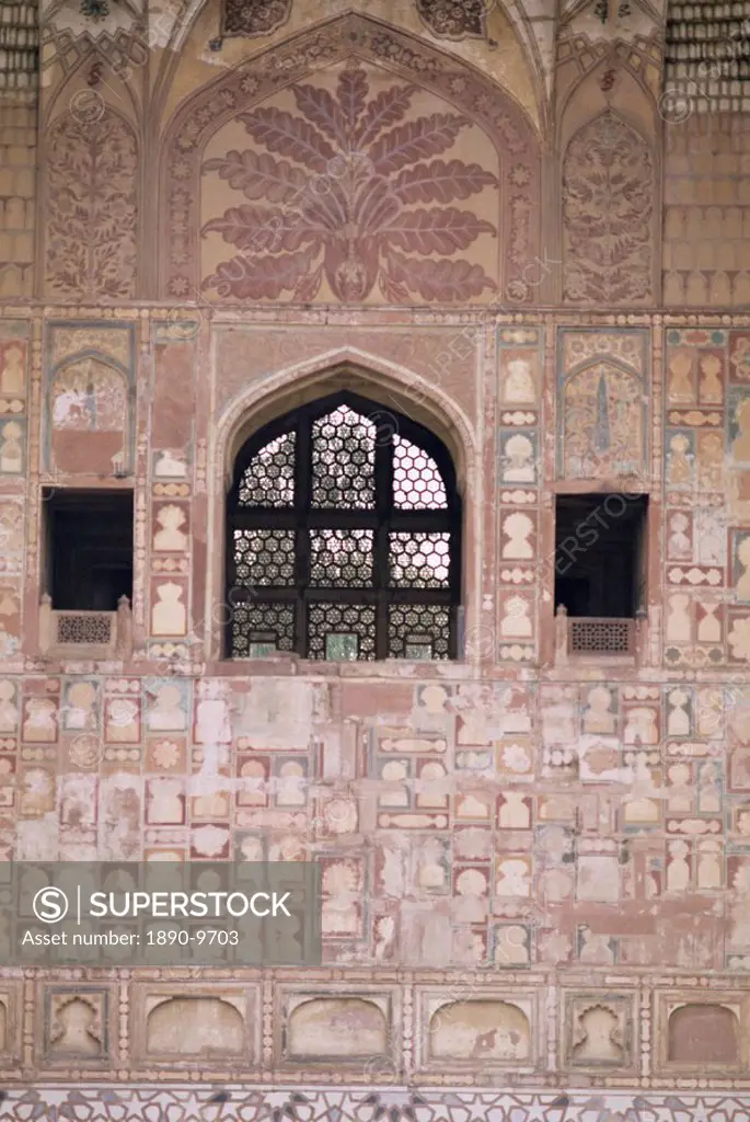 Various painted, gilded and stone inlay detail found inside and outside the tomb of Akbar, Sikandra, near Agra, Uttar Pradesh state, India, Asia