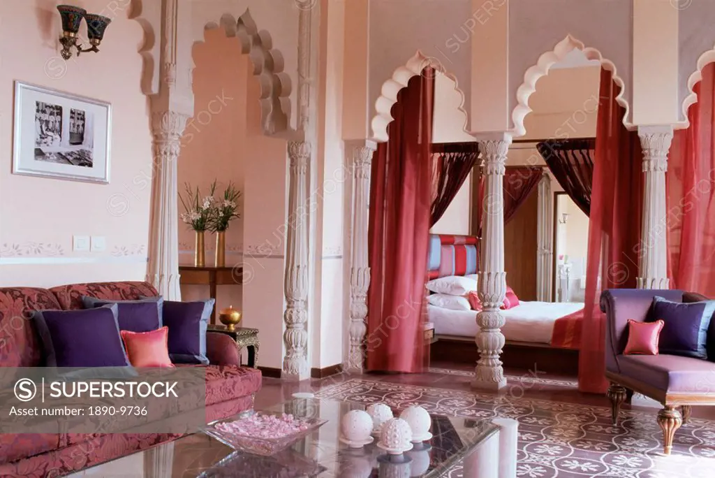 Bedroom suite, Usha Kiran Palace Hotel, Gwalior, Madhya Pradesh state, India, Asia