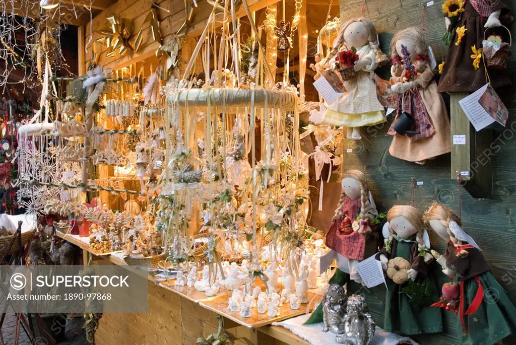 Christmas merchandise at stall of Christmas Stern Advent Markt, Salzburg, Austria, Europe