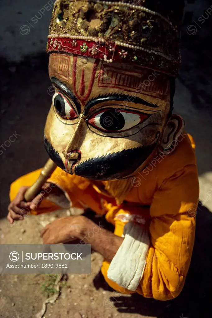 Masked actor in the Ramlilla, the stage play of the Hindu epic the Ramayana, Varanasi, Uttar Pradesh state, India, Asia
