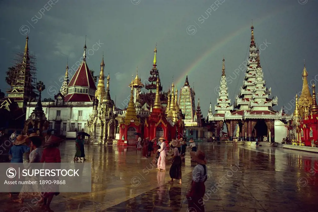 Rainbow after storm, Shwe Dagon Pagoda Complex, Yangon Rangoon, Myanmar Burma, Asia
