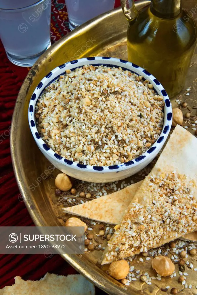 Dukkah dokka, dry mixture of chopped nuts, seeds and arabic spices and flavors, Egypt, North Africa, Africa