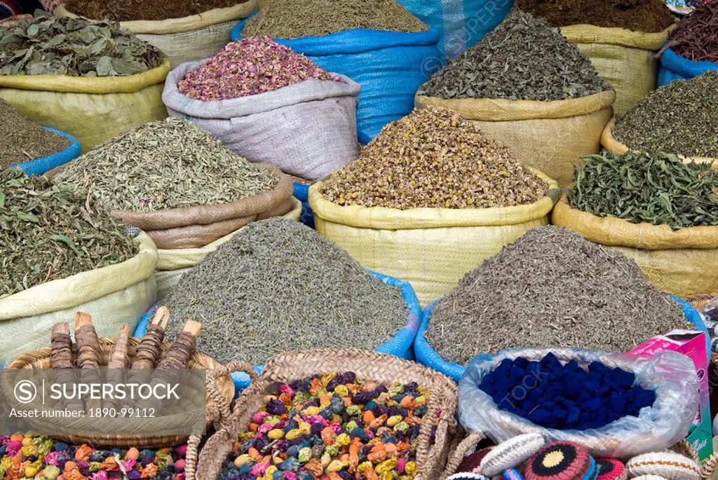 Herbs and spices for sale in the souk, Marrakech Marrakesh, Morocco, North Africa, Africa