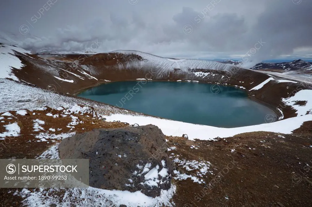 Crater lake Viti in winter, on Krafla volcano, Krafla geothermal area near Lake Myvatn, north Iceland, Iceland, Polar Regions