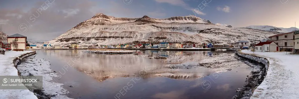 Panoramic view of Seydisfjordur and surrounding mountains, East Fjords, Iceland, Polar Regions