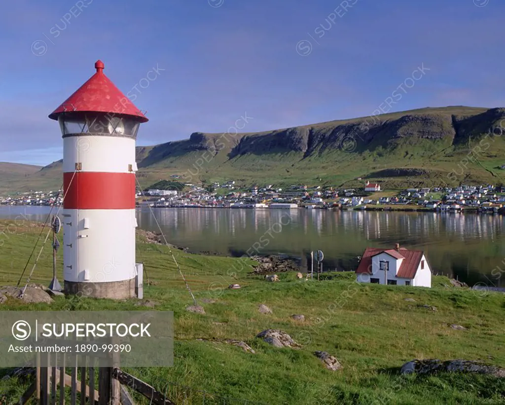 Tvoroyri village and lighthouse, Suduroy, Suduroy Island, Faroe Islands Faroes, Denmark, Europe