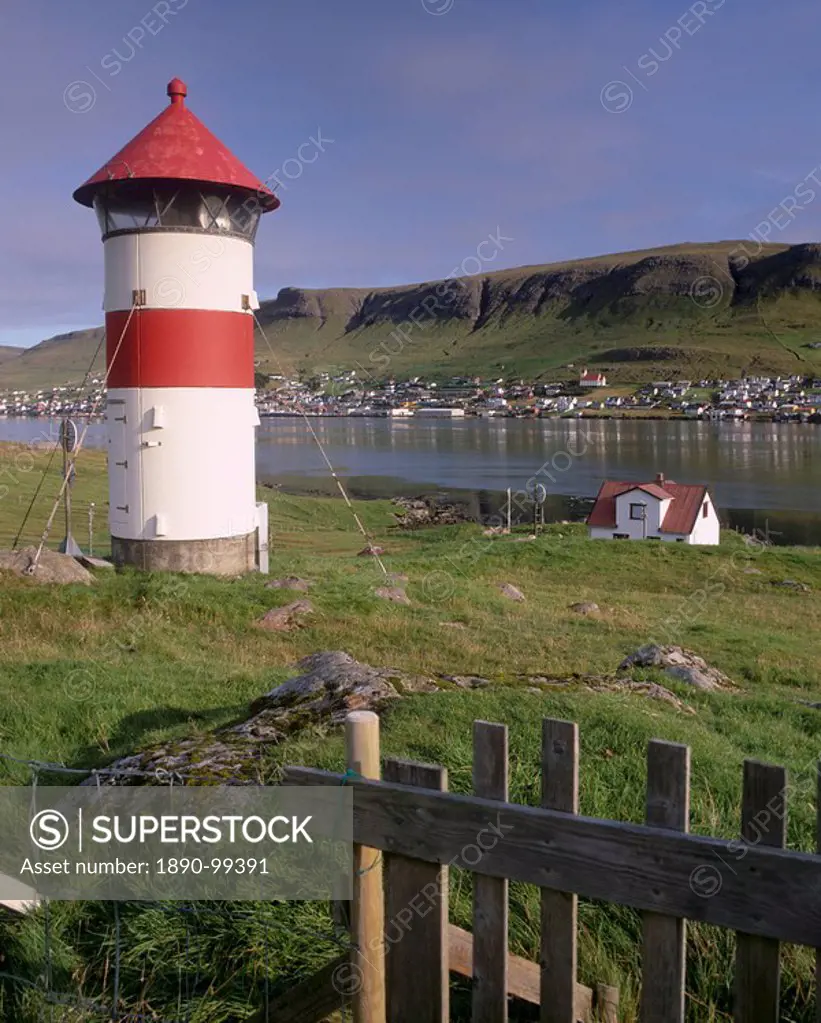 Tvoroyri village and lighthouse, Suduroy Island, Faroe Islands Faroes, Denmark, Europe