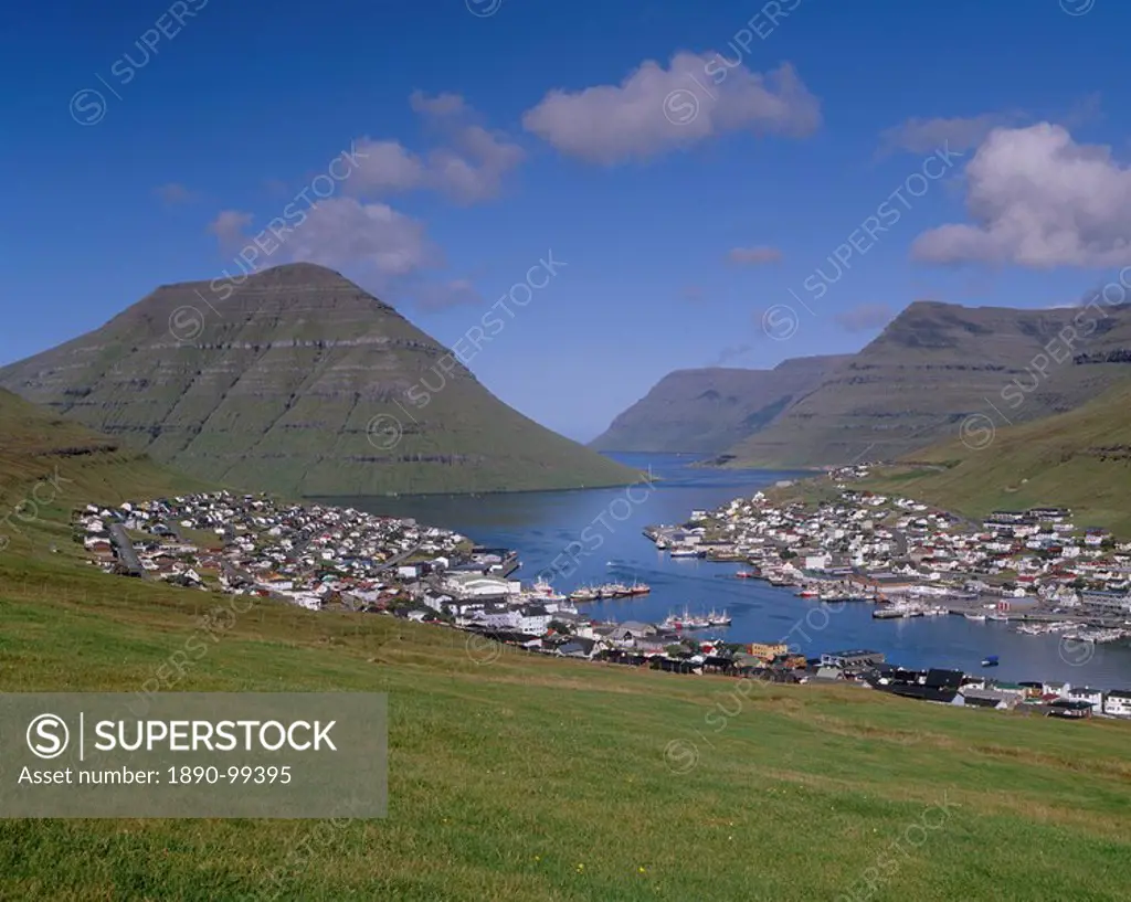 Klaksvik town and harbour with Kunoy island on the left, Bordoy Island Nordoyar, Faroe Islands Faroes, Denmark, Europe