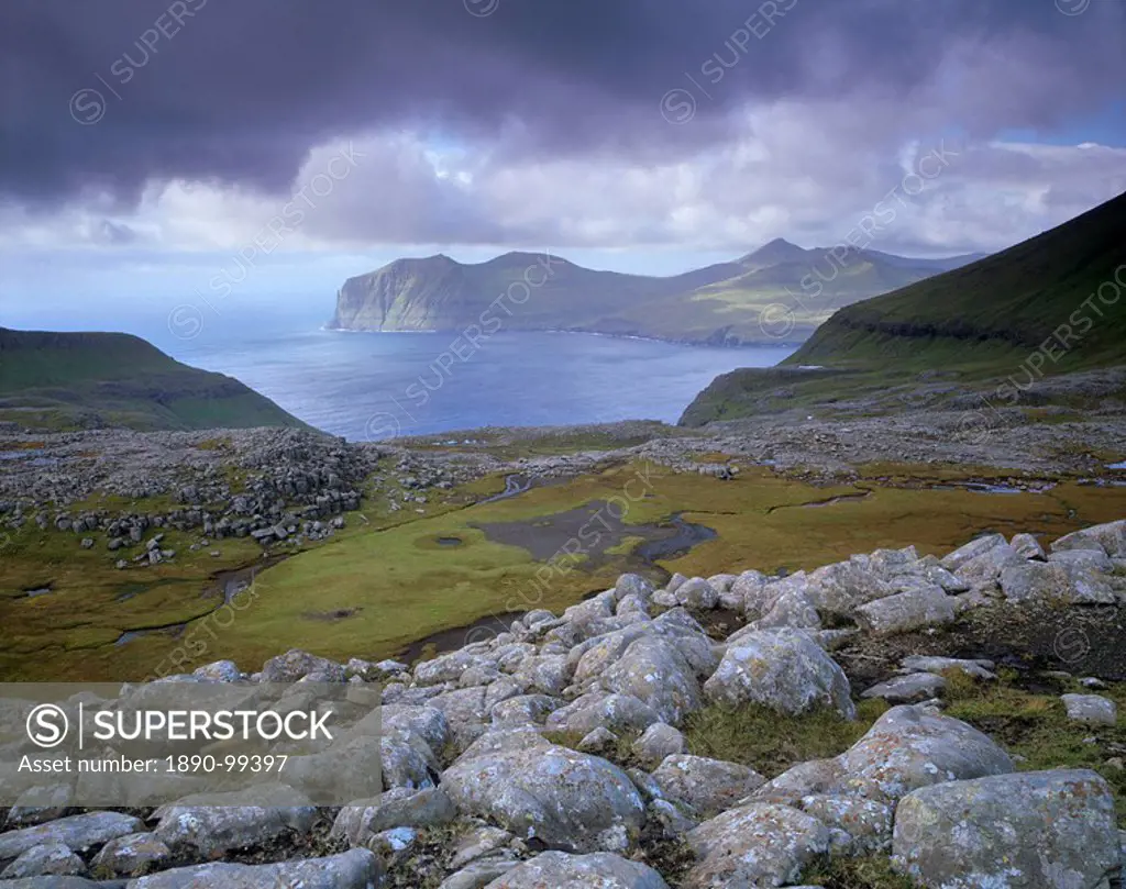 Gjaarbotnur, Vagafjordur fjord and Vagar Island in the distance, from Streymoy, Faroe Islands Faroes, Denmark, Europe