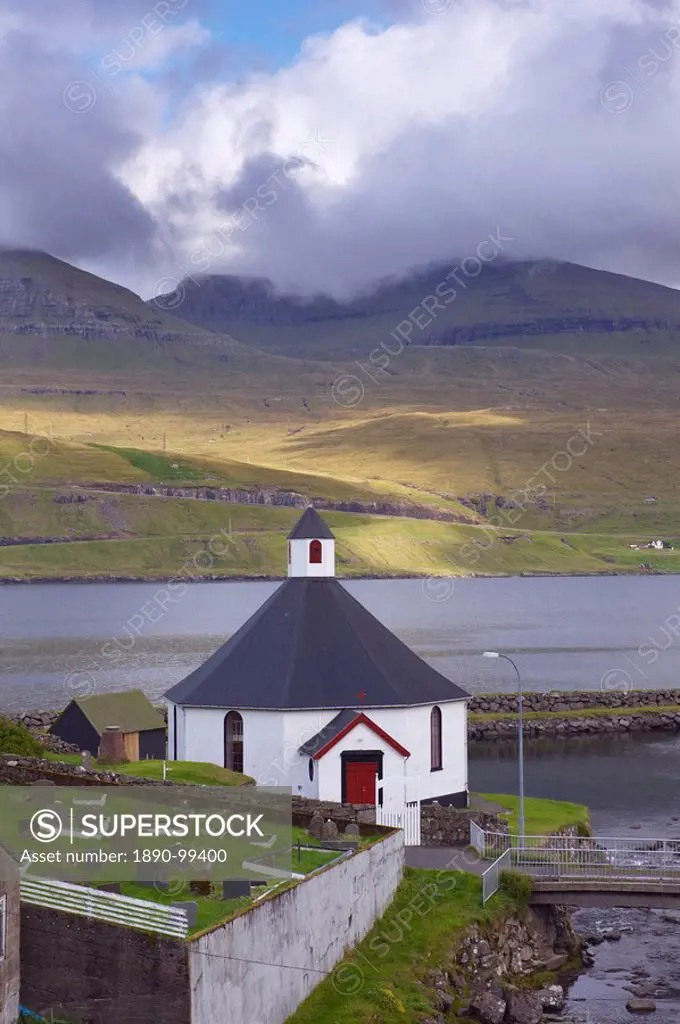 View towards Esturoy Island and Sundini Sound from Haldarsvik, Streymoy, Faroe Islands Faroes, Denmark, Europe