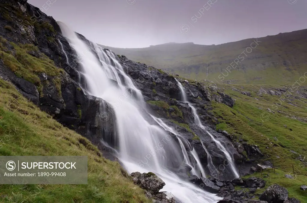 Waterfall, Laksa river near Hellur, Eysturoy Island, Faroe Islands Faroes, Denmark, Europe