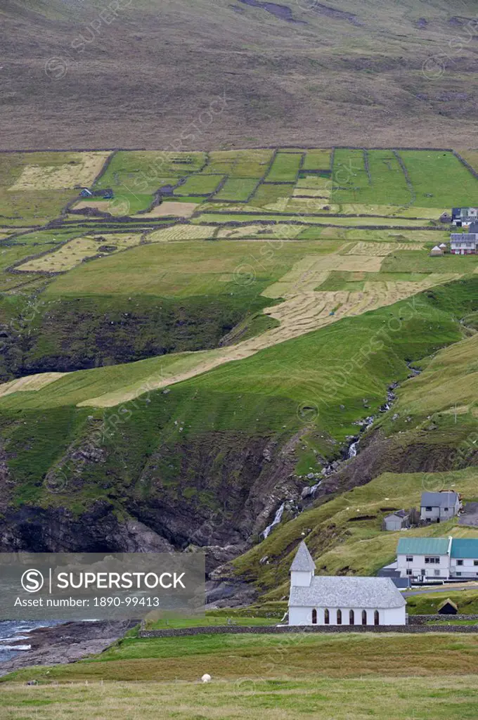 Vidareidi and church dating from 1892, Vidoy Island, Nordoyar, Faroe Islands Faroes, Denmark, Europe