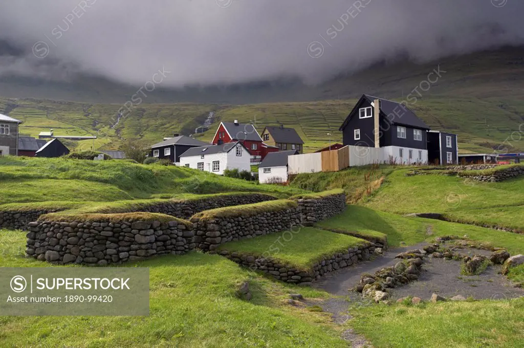 Viking longhouse dating from the 10th century, archaeological site of Toftanes, village of Leirvik, Eysturoy Island, Faroe Islands Faroes, Denmark, Eu...