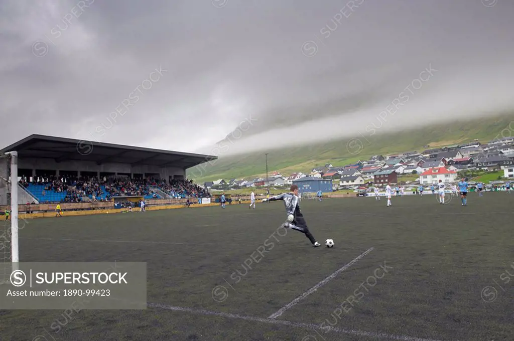 Football match at Nordragota, Eysturoy, Faroe Islands Faroes, Denmark, Europe