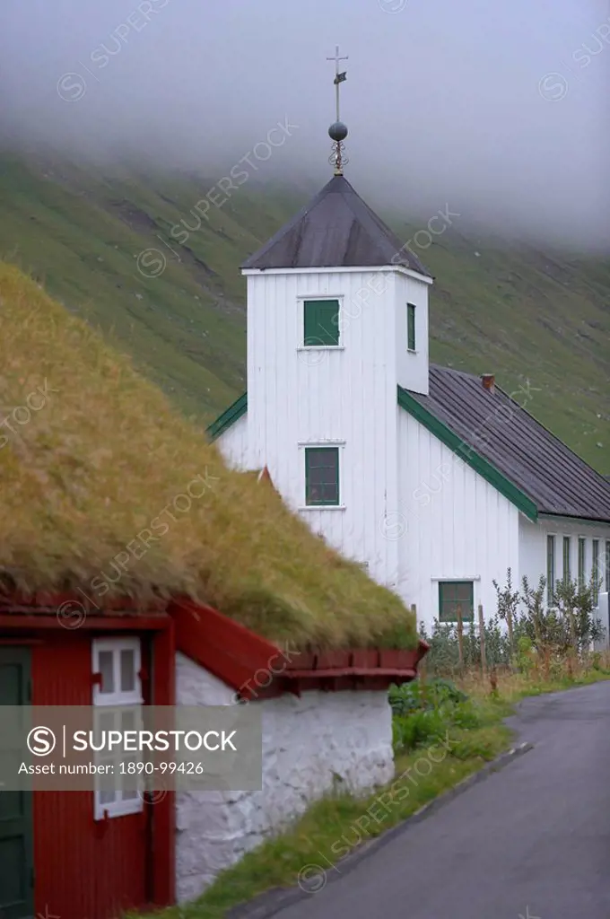 Church built in 1951 at Elduvik, Eysturoy, Faroe Islands Faroes, Denmark, Europe
