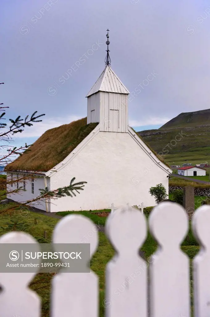 Turf_roofed church at Husavik, Sandoy, Faroe Islands Faroes, Denmark, Europe