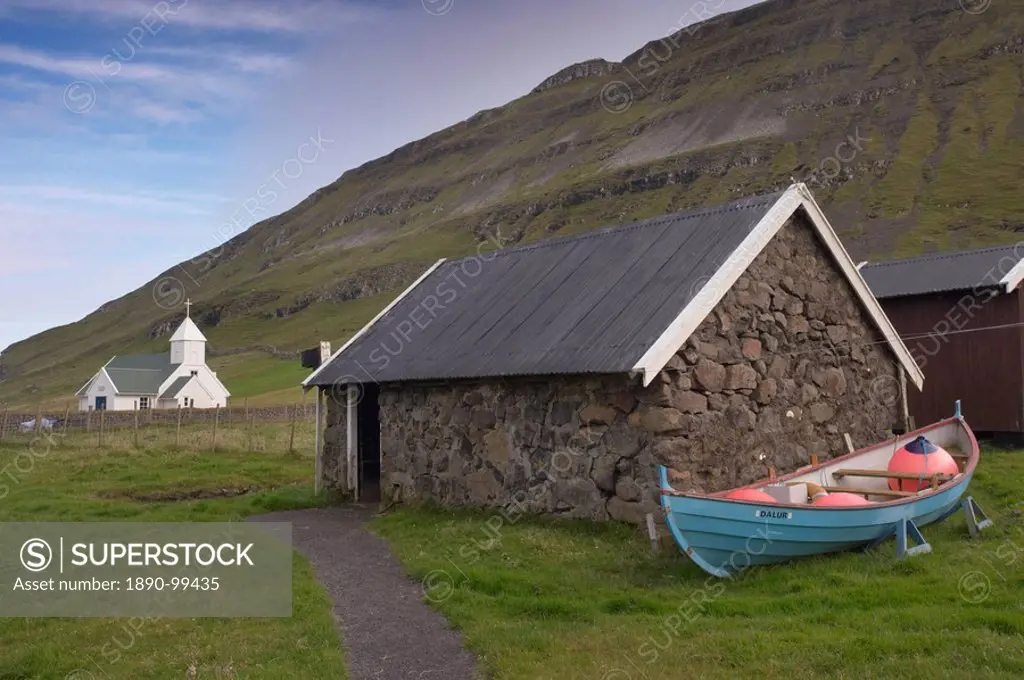 Traditional buildings at Dalur, Sandoy, Faroe Islands Faroes, Denmark, Europe