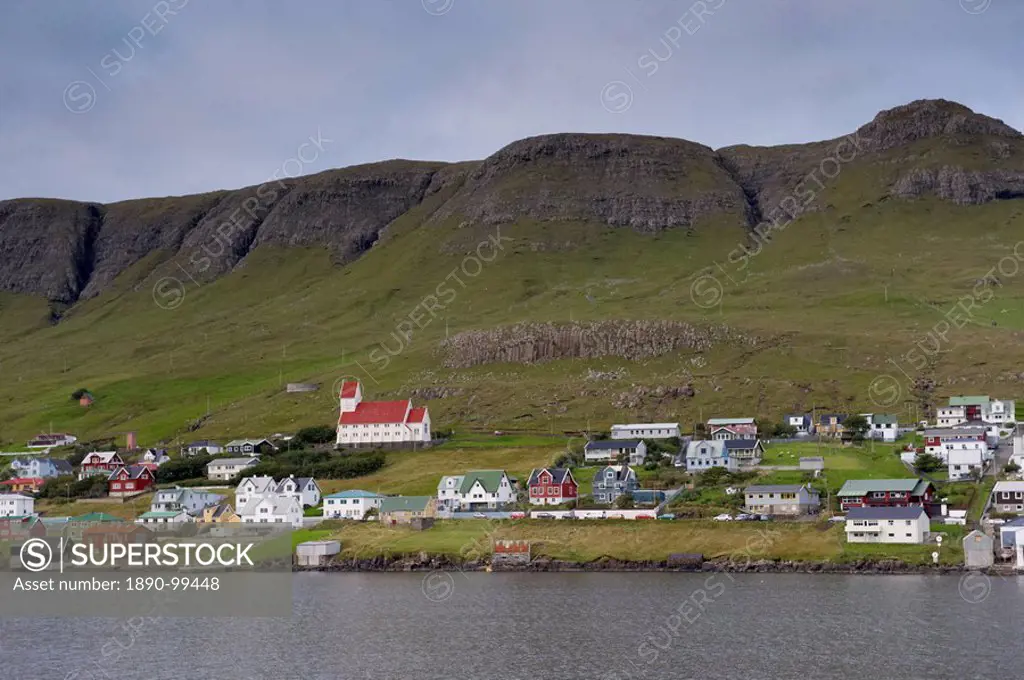 Tvoroyri, main village on Suduroy island, across Trongisvagsfjordur, Suduroy, Faroe Islands Faroes, Denmark, Europe