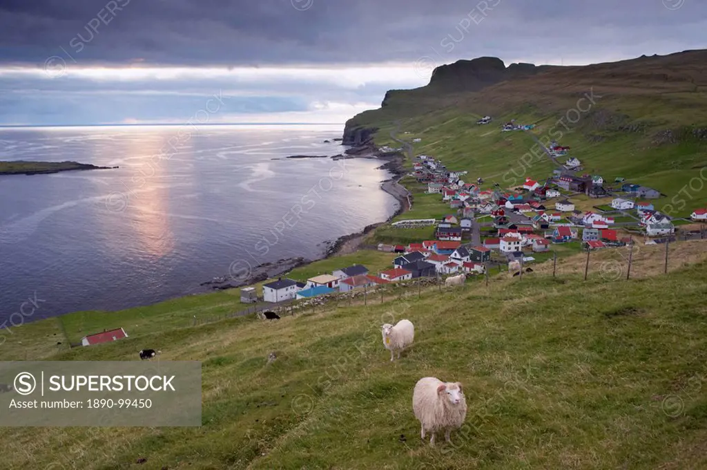 Sumba, picturesque village on south_west tip of Suduroy Island, and sheep, Suduroy Island, Faroe Islands Faroes, Denmark, Europe