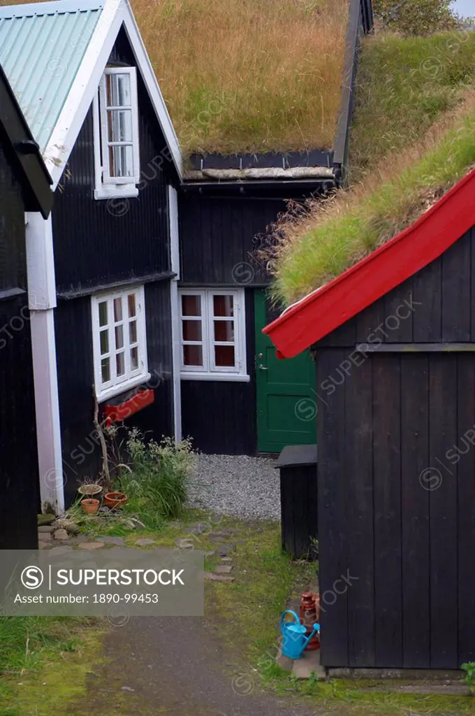 Old houses and turf_roofed buildings in historic Tinganes district, Torshavn, Streymoy, Faroe Islands, Denmark, Europe