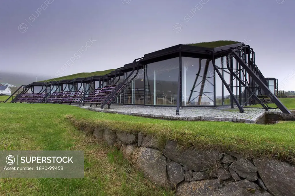 Nordic House, exteriors and turf covered roof, Torshavn, Streymoy, Faroe Islands Faroes, Denmark, Europe