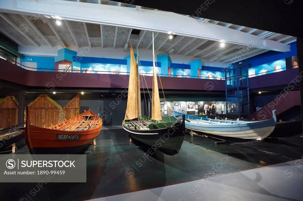 Old Faroese rowing boats, Faroese Historical Museum Foroya Forminnissavn, Hoyvik, Torshavn, Streymoy, Faroe Islands Faroes, Denmark, Europe