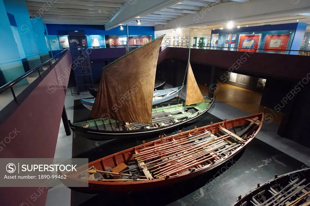 Old Faroese rowing boats, Faroese Historical Museum Foroya Forminnissavn, Hoyvik, Torshavn, Streymoy, Faroe Islands Faroes, Denmark, Europe