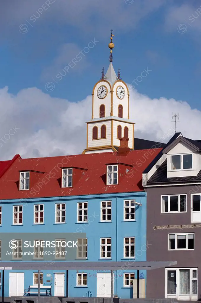 Colourful gabled buildings and Havnar Kirkja Torshavn´s cathedral along the quayside in Vestaravag harbour, Torshavn, Streymoy, Faroe Islands Faroes, ...