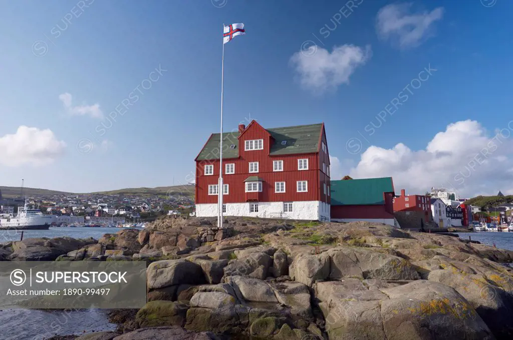 Skansapakkhusid, a former storage building now houses the offices of the Prime Minister. Torshavn, Streymoy, Faroe Islands Faroes, Denmark, Europe