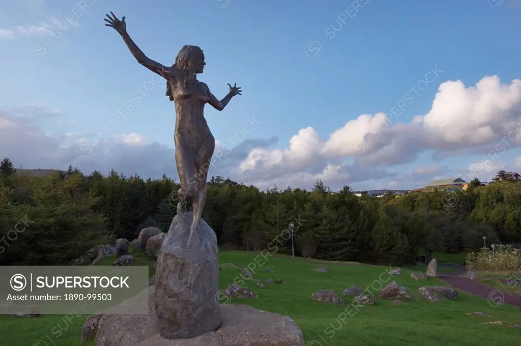 Statue of the elf girl Tarira, fantasy figure of the author William Heinesens, by Faroese sculptor Hans Pauli Olsen, Torshavn, Streymoy, Faroe Islands...