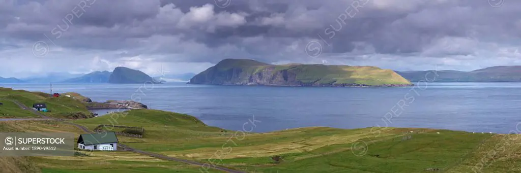 Panoramic view of Sandoy north coast and Hestur island, from near Skopun, Sandoy, Faroe Islands Faroes, Denmark, Europe