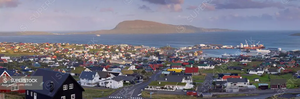 Panoramic view of Torshavn and harbour Nolsoy in the distance, capital of the Faroe Islands Faroes, Denmark, Europe