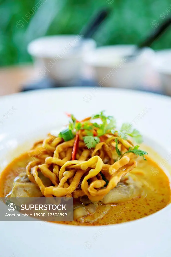 Crispy noodles and Thai curry, Chiang Mai, Thailand, Southeast Asia, Asia