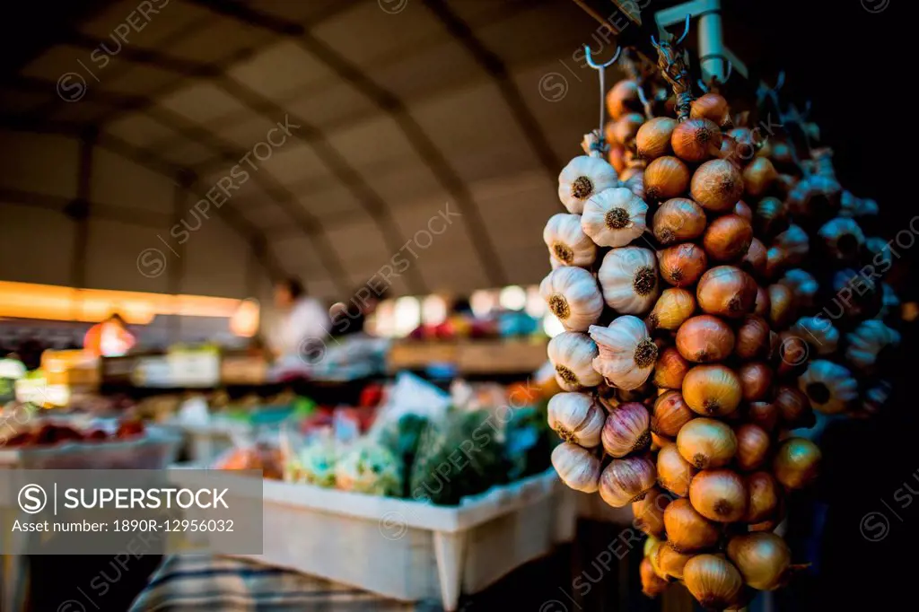 Garlic and onions at market, Portugal, Europe