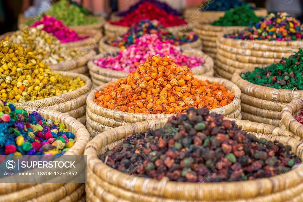 Herbs for sale in a stall in the Place Djemaa el Fna in the medina of Marrakech, Morocco, North Africa, Africa
