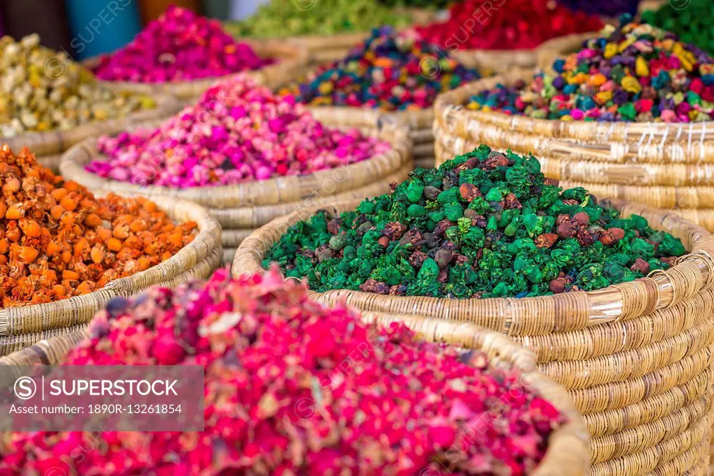 Herbs for sale in a stall in the Place Djemaa el Fna in the medina of Marrakech, Morocco, North Africa, Africa