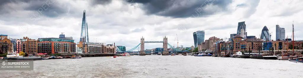 Panorama of London seen from River Thames with the Shard, Tower Bridge and the city, London, England, United Kingdom, Europe