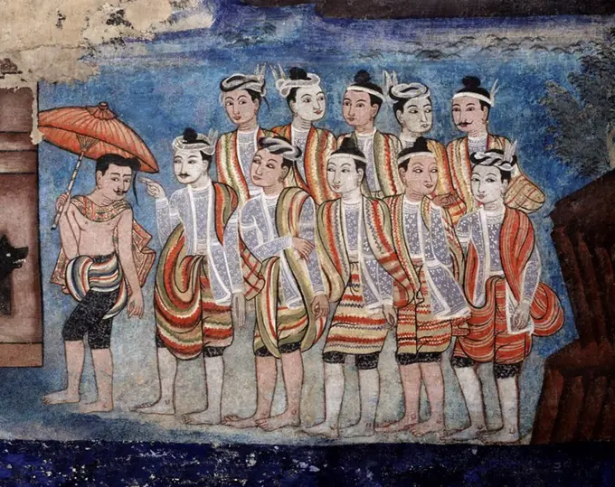 Detail of Thai Yai Shan men, part of the murals of the Sang Thong Tales, painted in the late 19th century, Viharn Laikam at Wat Phra Singh, Chiang Mai...